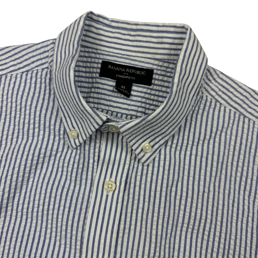 Banana Republic Mens Blue Striped Seersucker Short Sleeve Button Down Shirt